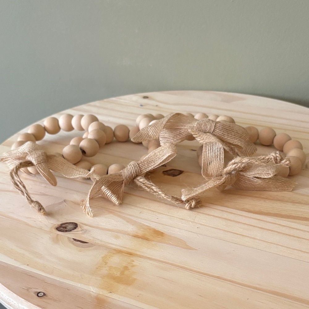 Natural Wood Bead Garland with Ribbon Ties